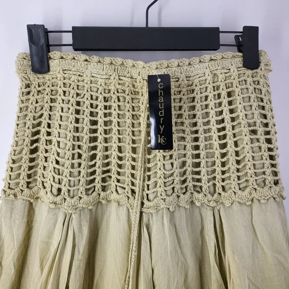 Chaudry KC Womens Bohemian Maxi Skirt Beige Cotton Blend Crochet Waist Size S - Picture 2 of 15